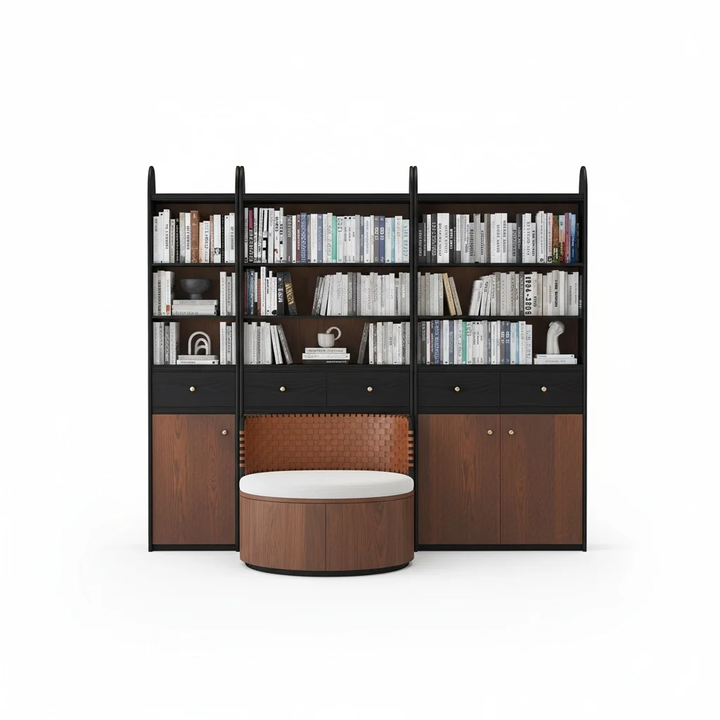 Massivholz-Bücherregal, Nordamerikanische Roteiche Vitrine mit Ledergeflecht-Kartensitz, Mehrstufiges Aufbewahrungsregal für Wohnzimmer