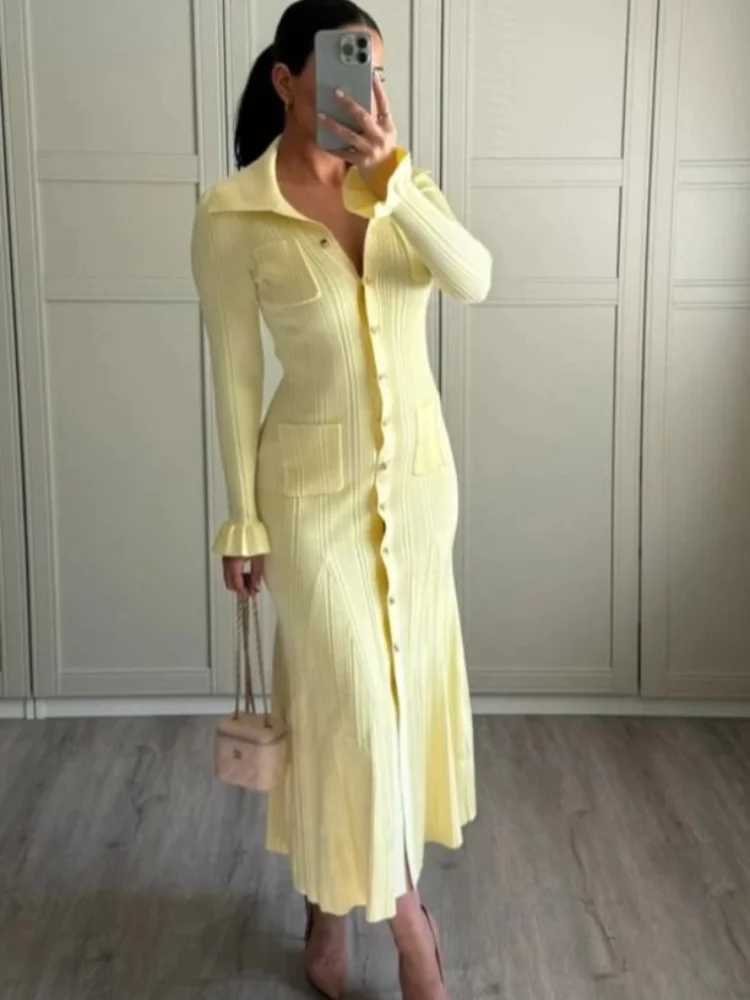 

Elegant Yellow Single Breast Knit Long Dress Women Fashion Flare Sleeves Ruffle Hem Maxi Dresses 2024 New Office Lady Party Robe