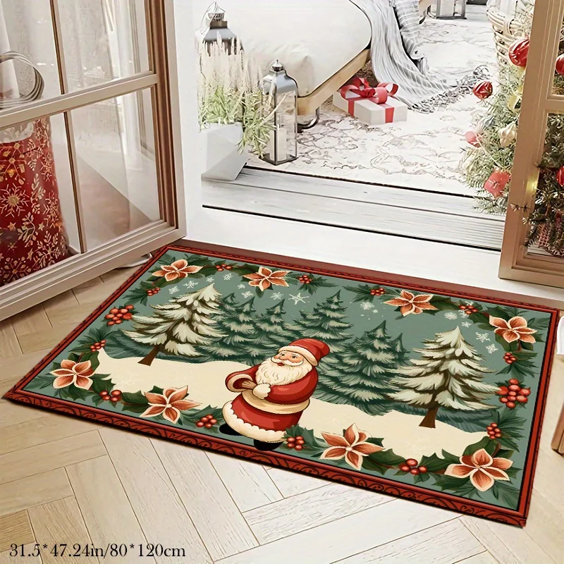 1pc Snow & Santa Claus Velvet Rug, Festive Style, Soft Machine Washable Mat for Living Room, Bedroom, Indoor & Outdoor