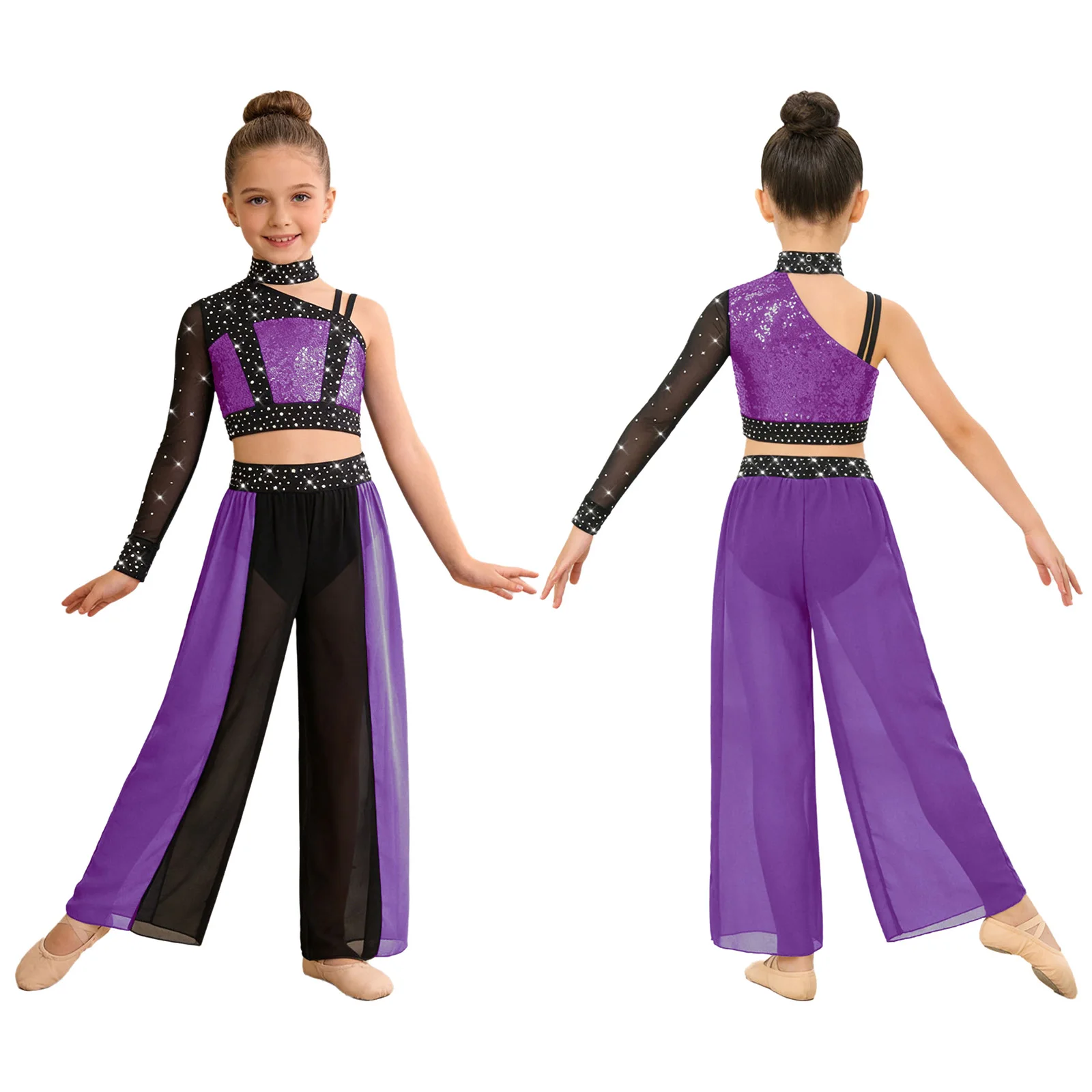 

Girls Modern Lyrical Dance Performance Costume Figure Skating Gymnastics Acrobatics Outfit Crop Top with Split Chiffon Pants Set