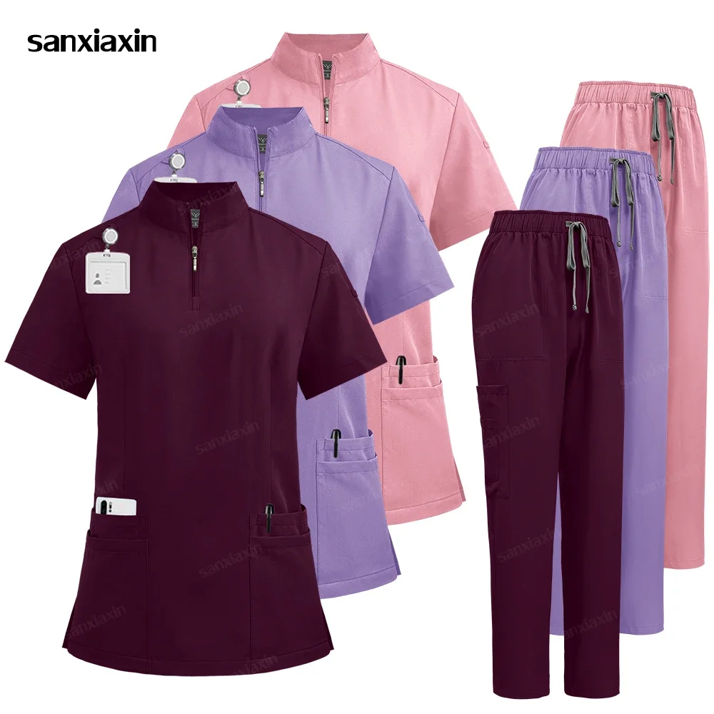 Multicolour Straight Pants Suit Nurse Scrubs Set Medical Clinical Clothes Doctor Nursing Uniforms Short Sleeve Tops Pocket Pants