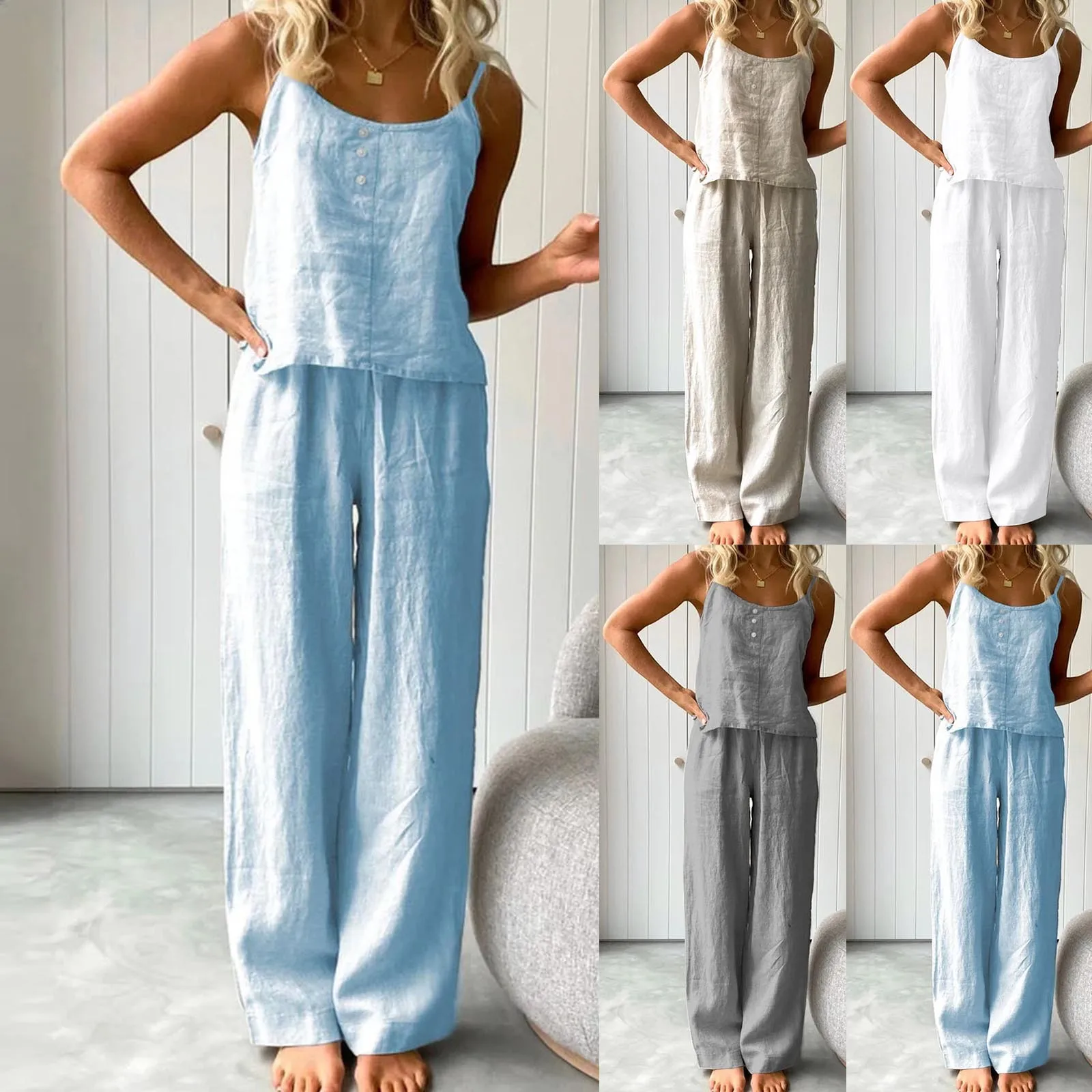 

2024 Cotton Linen Women's Suit Slip Vest Wide-leg Pants Suits Female Fashion Casual 2 Piece Sets Home Casual Clothes Ladies Sets