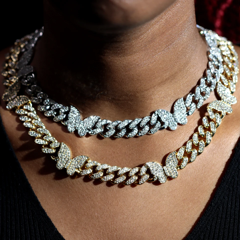 Hip Hop Iced Out Cuban Link Chain Butterfly Necklace for Women