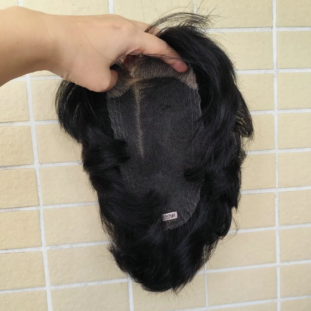 Jet Black 1# Full Swill Lace 5x7" Toupee For Men Right Style Human Hairpiece System