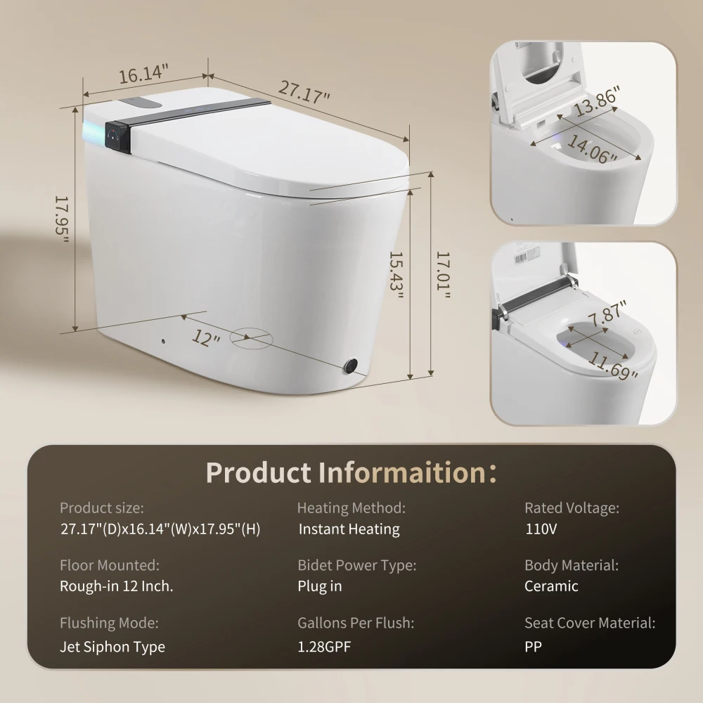 Smart Toilet with Bidet Seat Built-in,Auto Open/Close Seat, Foot Sensor, LED Display,Night Light, Warm Water & Dryer,Revolving lamp,Side Knob With Multiple Controls