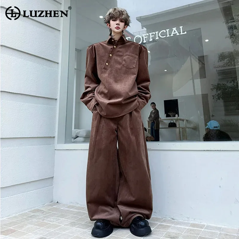 

LUZHEN Trendy Elegant Two-piece Sets 2025 New Solid Color Original Slant Placket Pullover Shirts Loose Straight Trousers JY4908