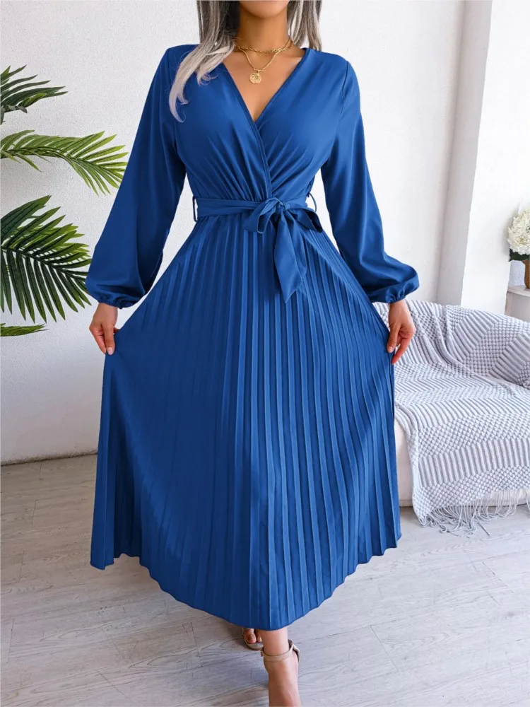 Long Dresses Autumn Fashion Solid Color V-Neck Pleated Lace Up Black & Purple Dress 2024 Casual Women\'s Dresses Robe Vestidos