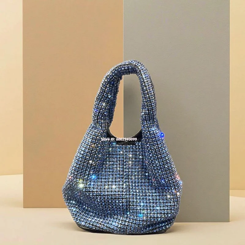 

Luxury Ladies Crystal Clutch Bag Chains Bling Rhinestone Fabric Bucket Customizable Stone Pattern Fashion for Wedding Party