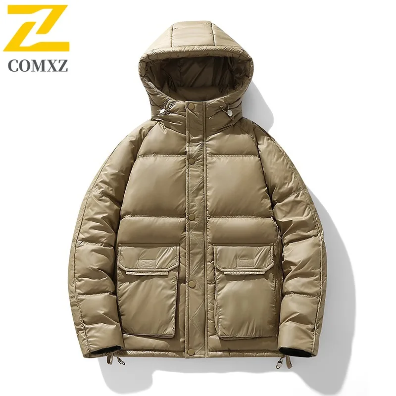COMXZ Men's Hooded Puffer Jacket Winter  Streetwear Coat Windproof Water-Resistant American Style Thickened Warm Outerwear