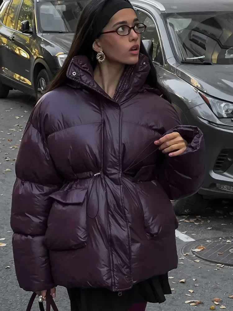 Chaqueta de algodón cálida para mujer, abrigo elegante con cuello levantado y cordones con bolsillo y cremallera, prendas de vestir exteriores de calle a la moda para invierno