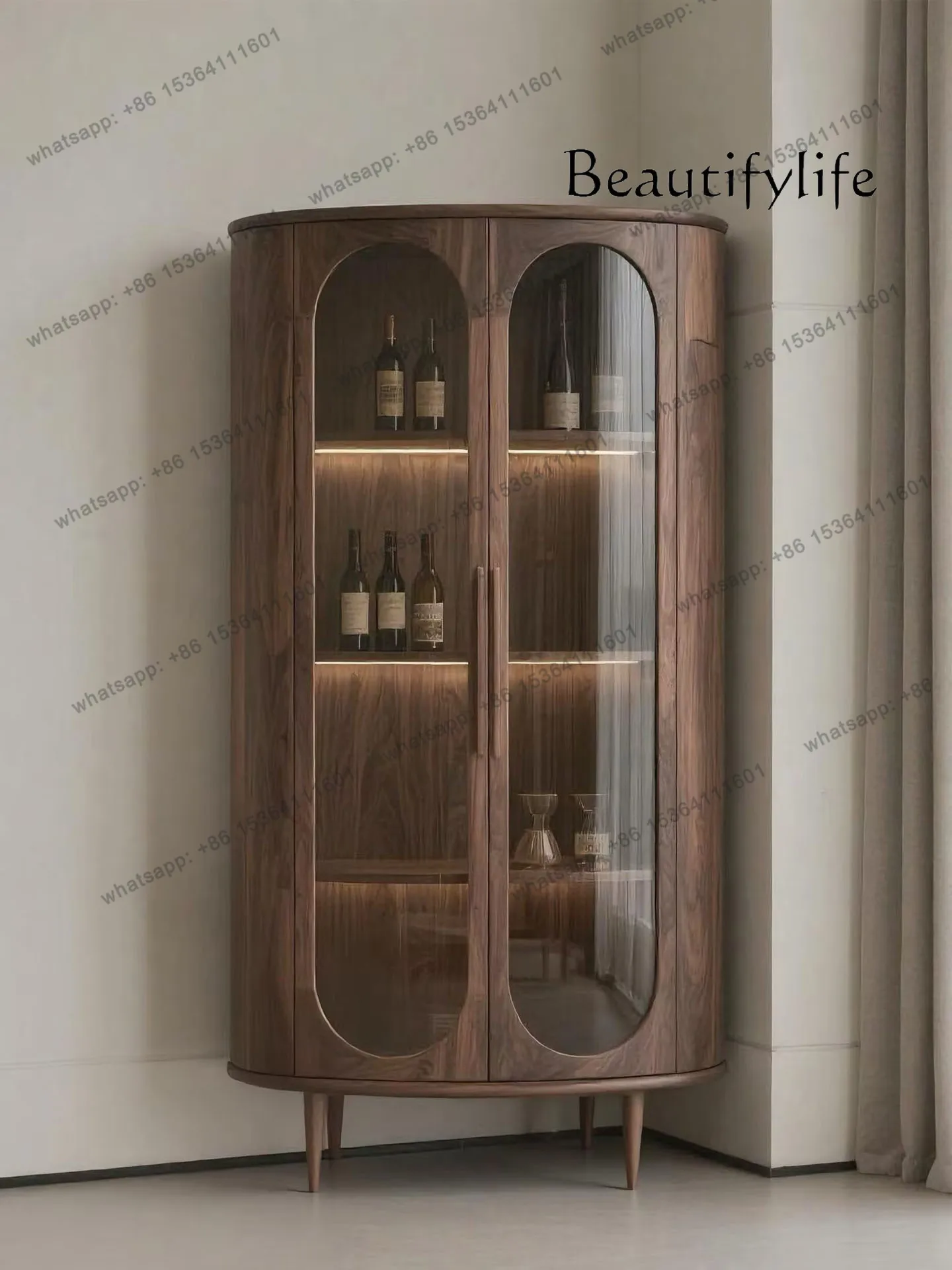 

Italian minimalist North American black walnut glass wine cabinet living room oval display cabinet solid wood storage