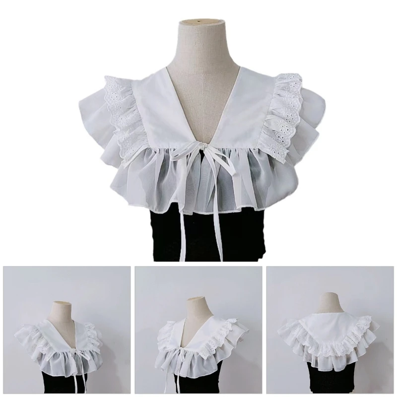 Lace Ruffled Shawl Collar Elegant Sweet False Collar Detachable for Lady Delicate Flouncing Collar Ruffled Lace