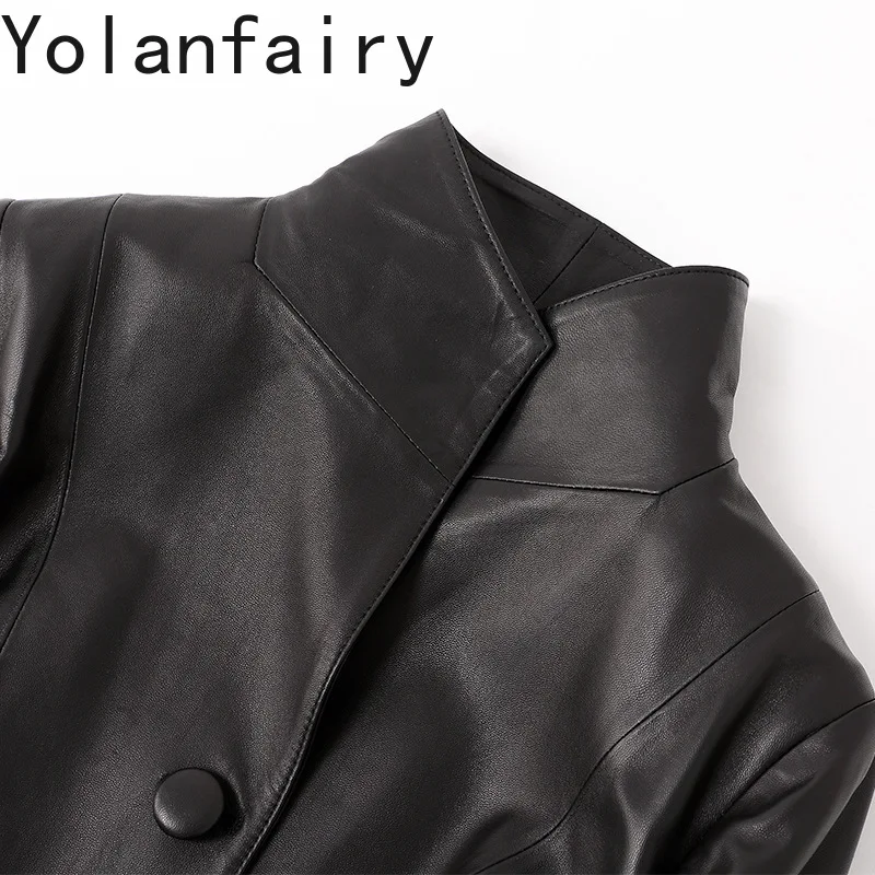 YOLANFAIRY Genuine Leather Sheepskin Women Jacket Casual All Season Long Trench Belt Outwears Slim Fit Jaqueta De Couro Feminina