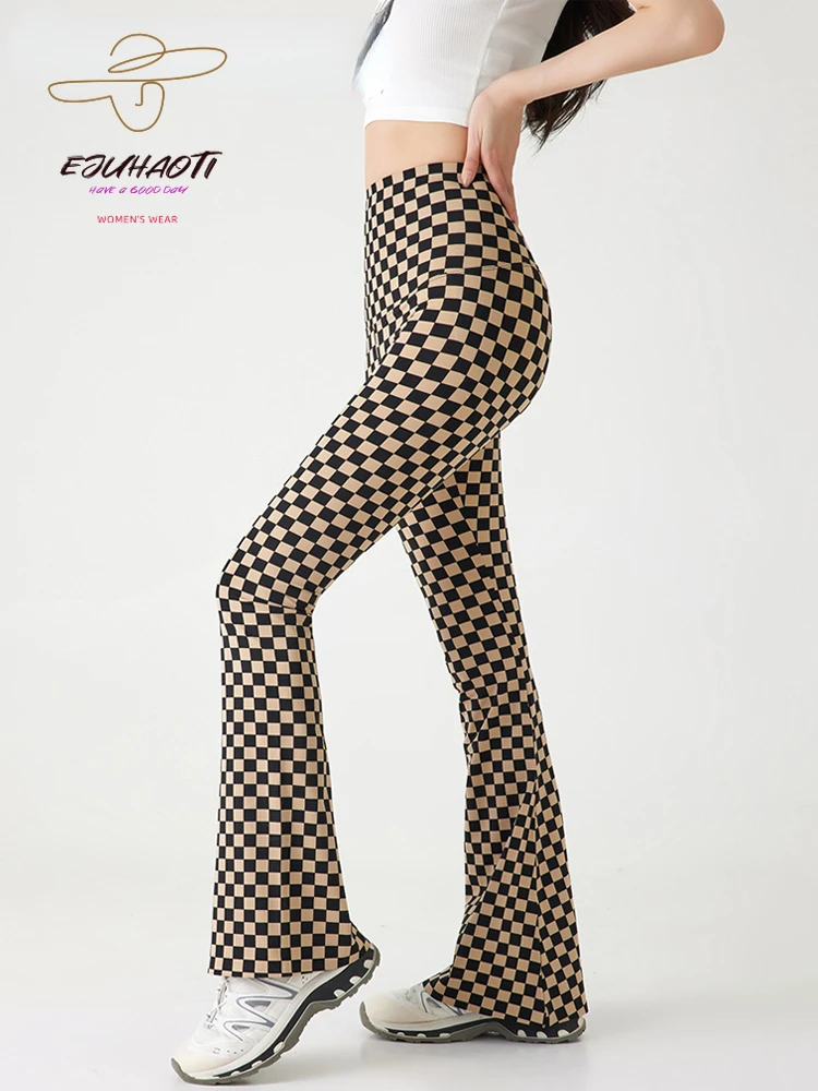  Spring Summer New Checkerboard Shark Flared Leggings Women High Waist Tight Butt Lifter Sexy American Style Boot Cut  Pant