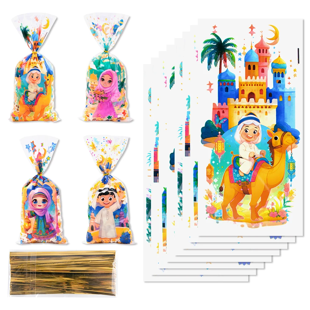 50 Stück Eid Mubarak Geschenktüten Kunststoff Leckerlibeutel Ramadan Eid Candy Goodie Bags Islamische Snackverpackungsbeutel für Eid Party Dekorationen