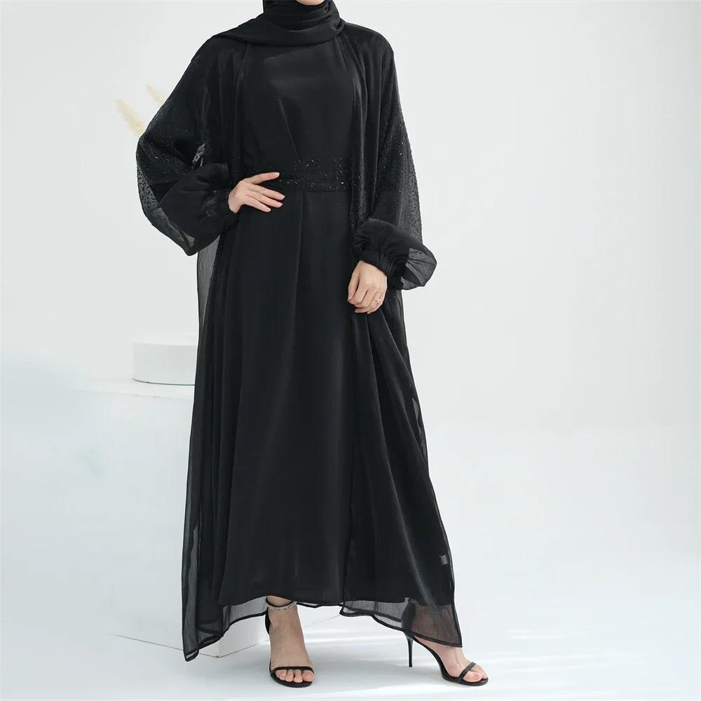 Kimono Abaya Dubai Luxury Diamonds Shiny Puff Sleeves Saudi Women Open Abayas for Daily Muslim Wear Hijab Dress Islamic Clothing