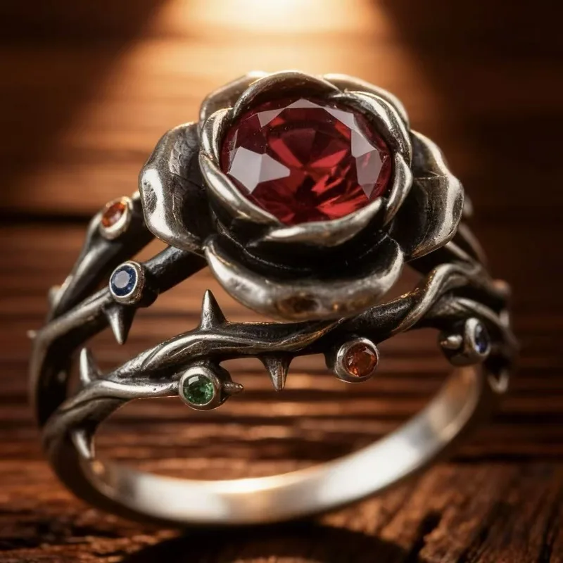 2026 New Eco-Friendly Alloy Flower Ring - Thorn Rose Red Diamond Retro European American Style Women's Fashion Jewelry
