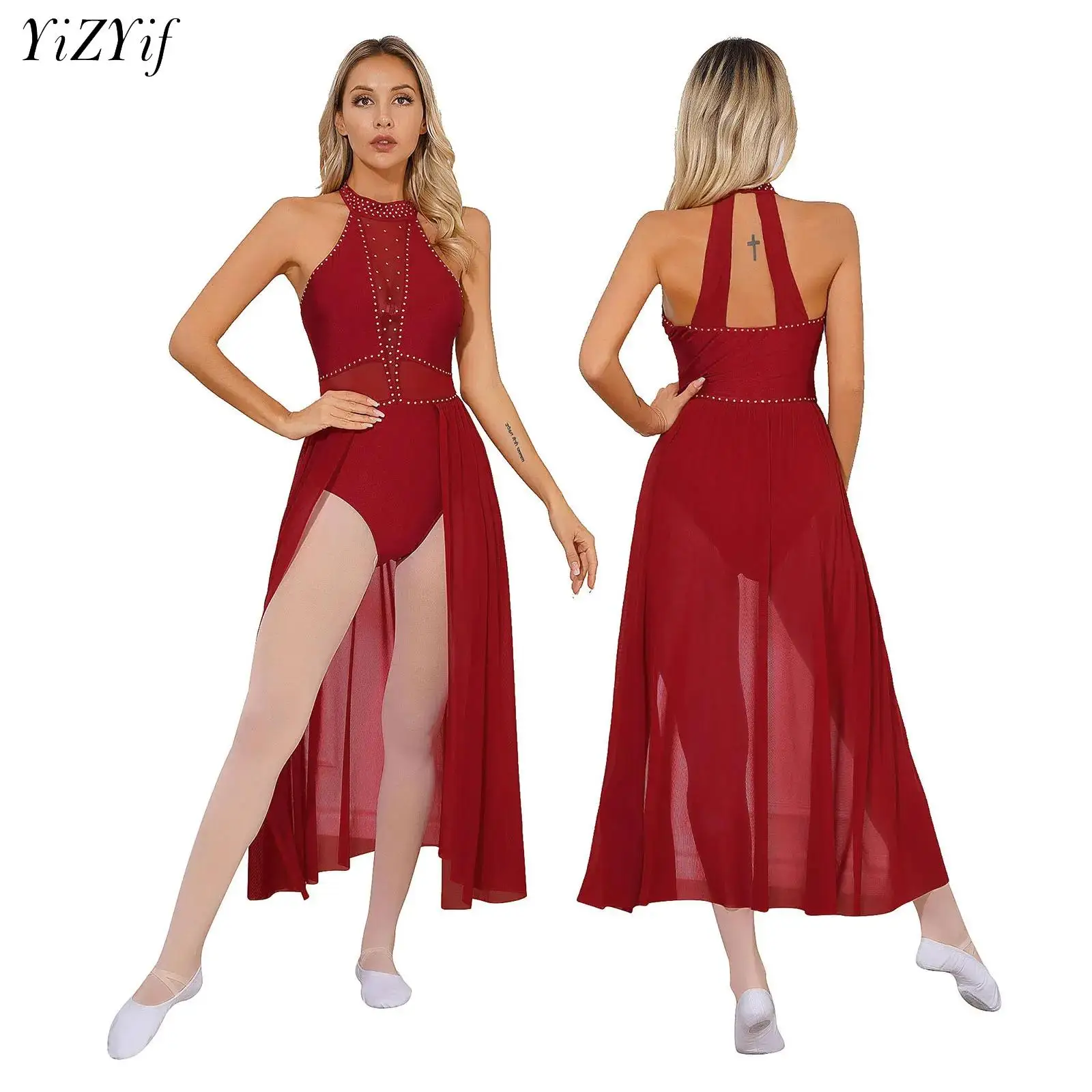 Lyrische Dansjurk Voor Dames Modern Ballet Jazz Balzaal Podium Voorstelling Kostuum Strass Pure Mesh Leotard Dress Danskleding