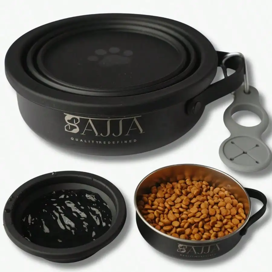 

3-In-1 Travel Dog Bowl Set – 30 OZ Stainless Steel + 20 OZ Collapsible Water Bowl Lid | , Anti-Slip, Portable Dog Bowl W/Handle/Poop Bag Holder With Carabiner | Black Bowls