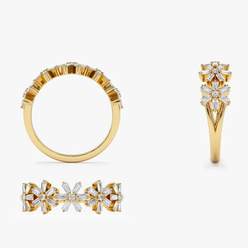 Women's 18K Gold Floral Stackable Ring, Dainty Wedding Band