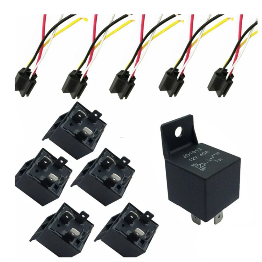 5Pcs 12V 40 Amp 4 Pin with Wires Car SPDT Automotive Relay DC with Harness Socket JD1912 Car Relay Replacement Kit