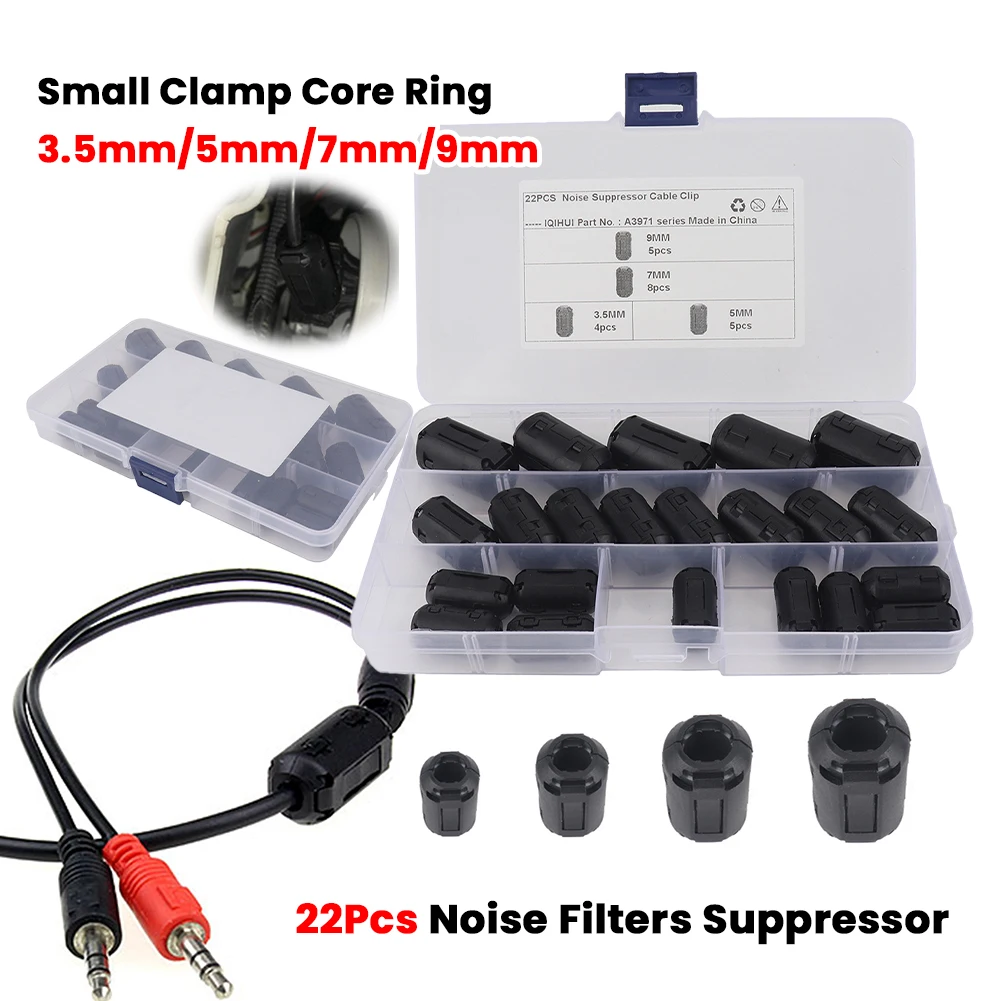 22Pcs Ferrite Core Ring Clamp Kit 3.5mm/5mm/7mm/9mm RFI EMI Filter Core Ring Bead Noise Suppressor RFI EMI Noise Magnetic Filter