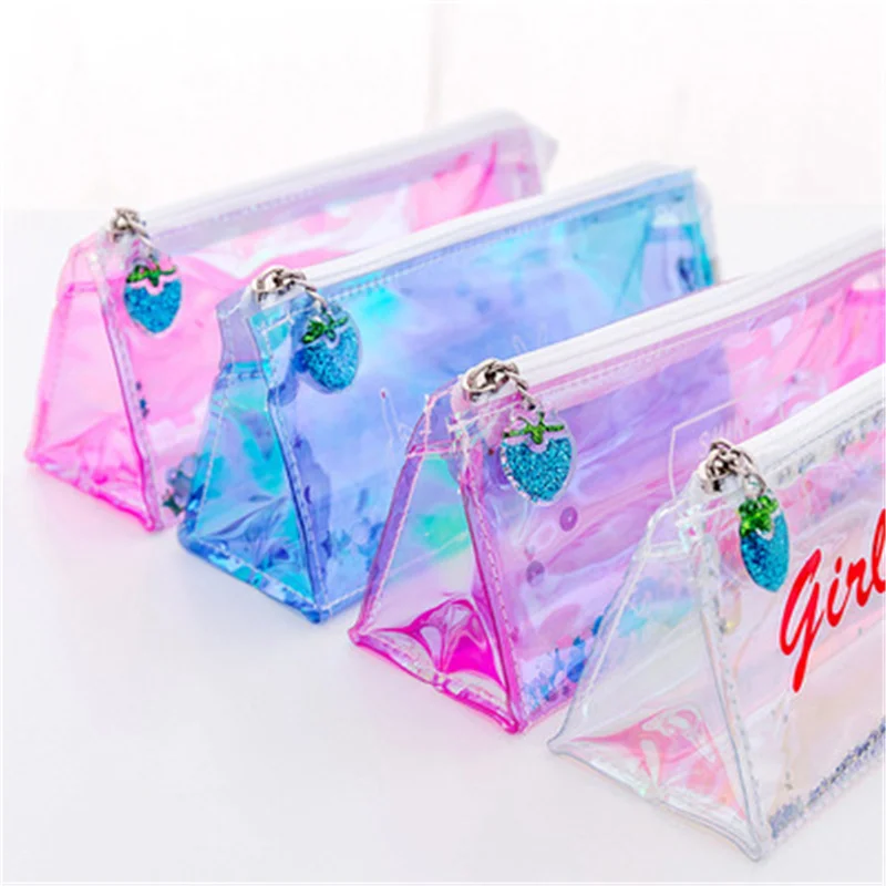 Laser quicksand colorful PVC pencil bag girl cute pencil case school supplies storage bag student large capacity stationery bag