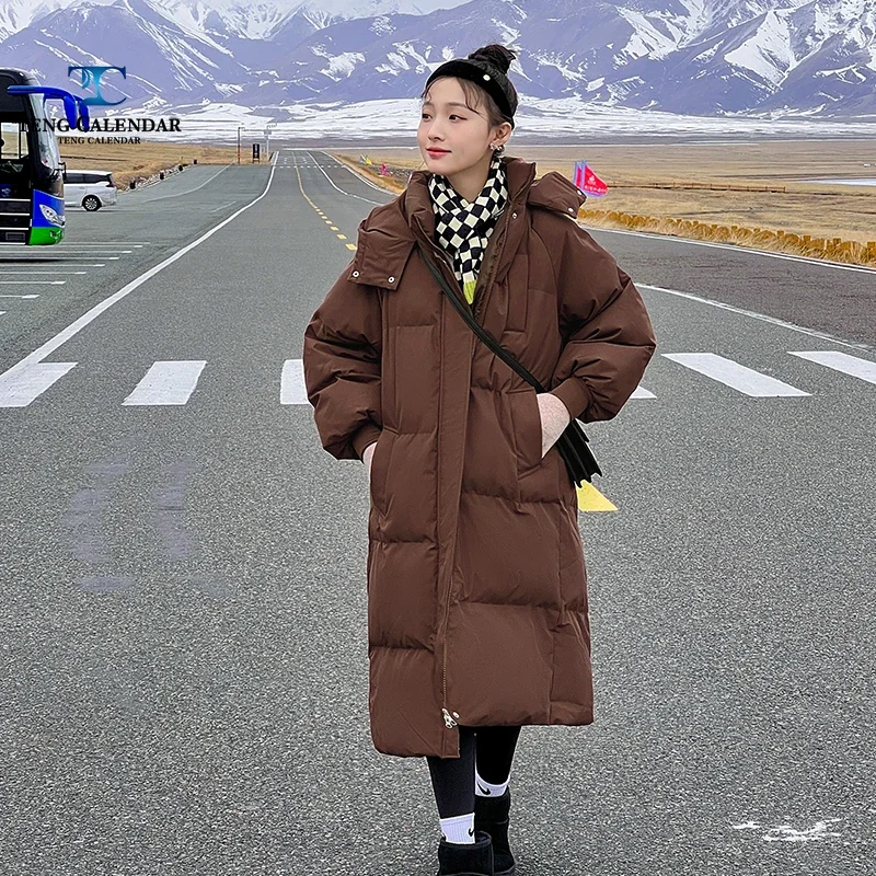 Down Cotton Jacket for Women, Long Knee Length, Loose and Thick Hooded Jacket, Korean Version, Winter, New Style, 2024