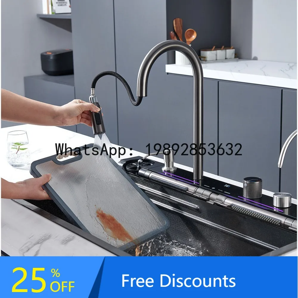 CZ 304 Stainless Steel Kitchen Single Bowl Piano Touch Nano Honeycomb Digital Display Rainfall Adjustable Waterfall Sink