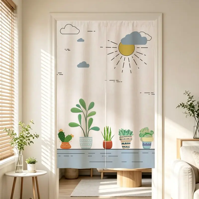 Small Fresh Fabric Half Door Curtain Healing Ins Wind Cactus English Partition Curtain No Punching Hanging Curtain Door Curtain