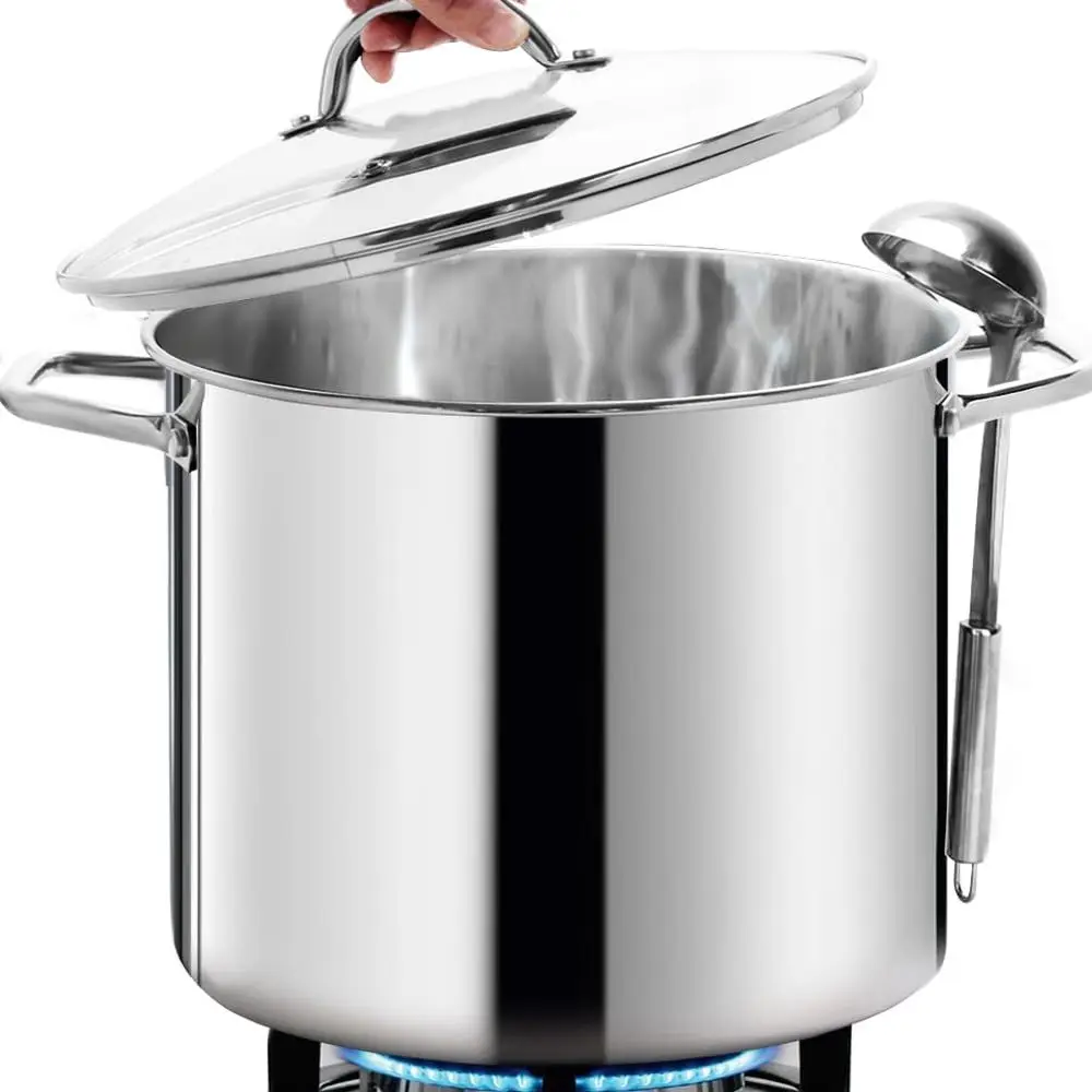 

LARGE STOCK POT 20 Quart With Lid - Polished Stockpots - Heavy Duty Induction Soup Pot