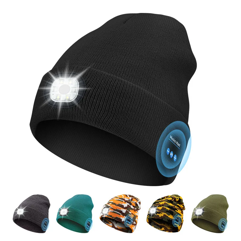 Wireless Bluetooth Musicial Hats, Rechargeble Washable 6 LED Head Lamp Beanie Hats, Winter Warm Knitted Solid Caps For Night