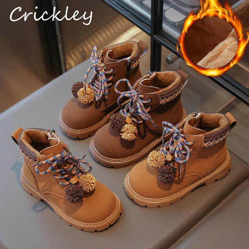 

Winter Pompom Girls Fashion Boots Solid PU Soft Vintage Boots For Kids Cotton Short Plush Warm Zip Children Ankle Shoes