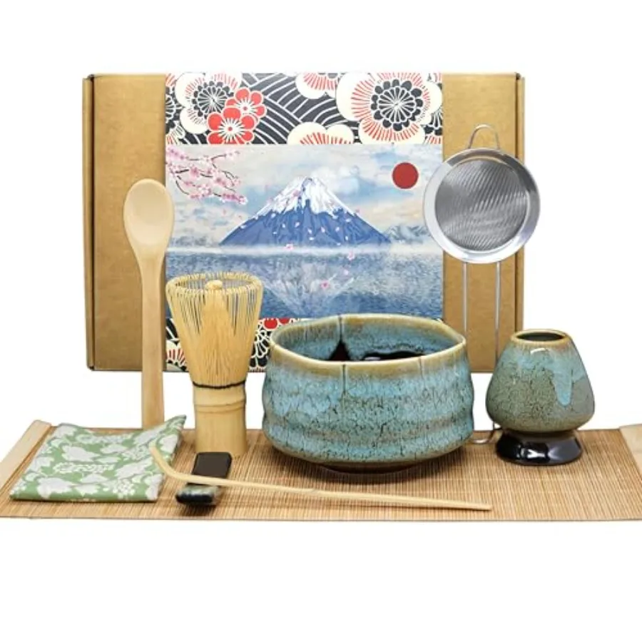 Juego de batidor de matcha de 9 piezas, juego de té matcha japonés que incluye tazón de matcha de cerámica, batidor de matcha de bambú (Chasen), soporte de cerámica para batidor.