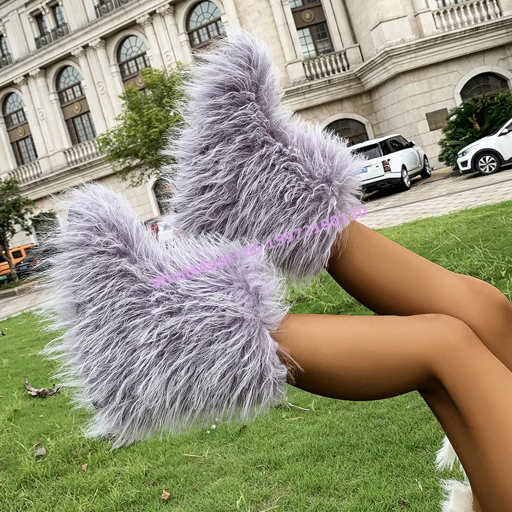 

Furry Mid Calf Snow Boots Round Toe Thick Soled Slip On Soft Warm Ankle Boots Lovely Fashion Ladies Purple White Vocation Shoes