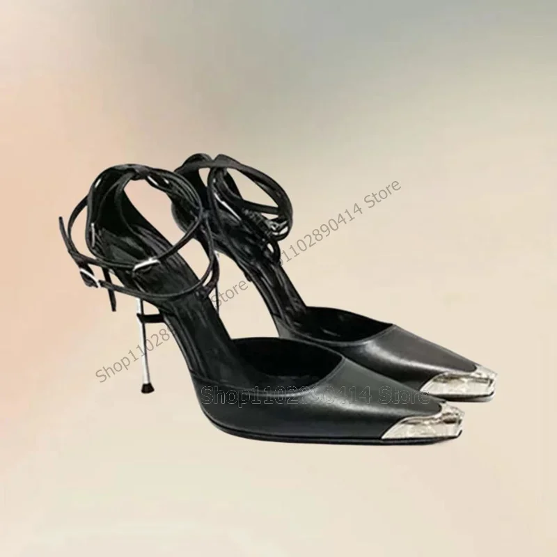 메탈 서클 장식 블랙 포인티드 토 펌프스 앵클 버클 스트랩 여성 신발 얇은 하이힐 패션 파티 2025 여성용 신발