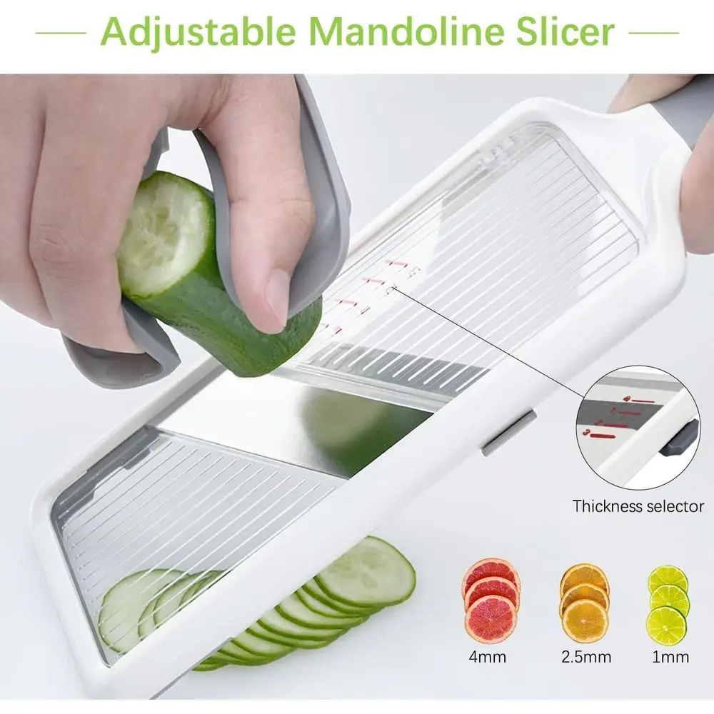 Adjustable Stainless Steel Mandoline Slicer - Comfort Grip, Safety Features, Easy Clean for Fruits and Vegetables