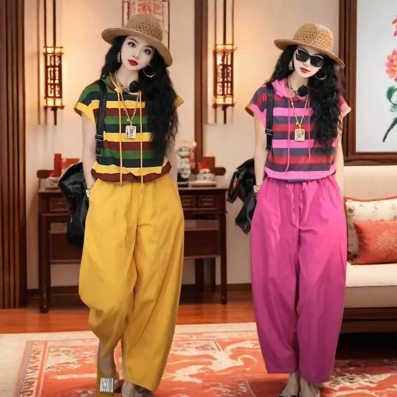 Plus Size Two-Piece Set Summer Sleeveless Striped Hooded Top Harem Pants Sets Women Outfit Cotton Tshirt High Quality Clothes