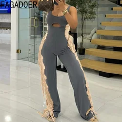 FAGADOER Fashion Color Stitching Hollow Out Tassels Jumpsuits Women Round Neck Sleeveless Backless Playsuits Female Overall 2024