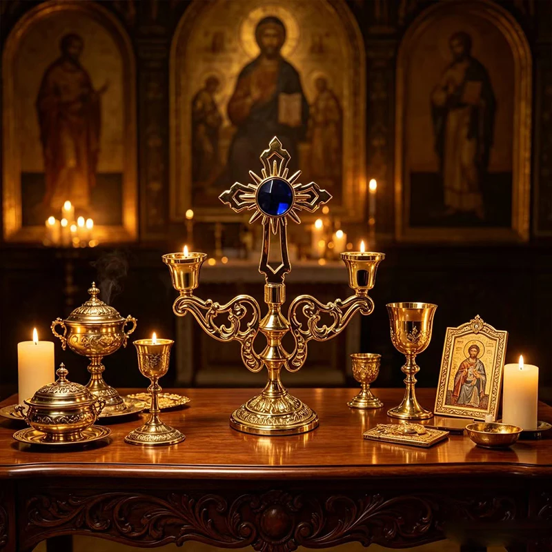 Exquisite Gold Alloy Orthodox Three Cup Cross Candlestick Multicolor Big Crystal Floral Hollow Relief