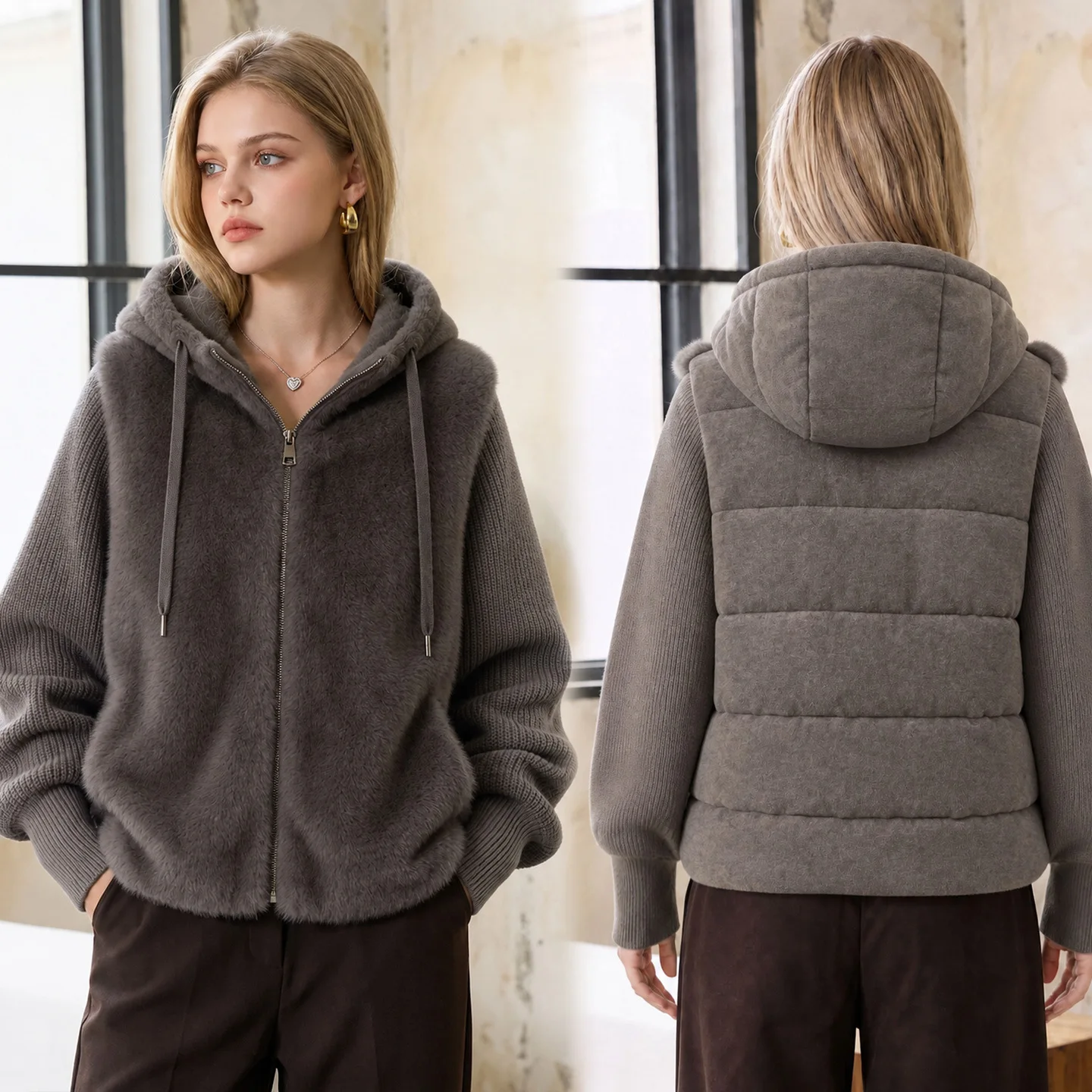 Luxury Spliced Hooded Padded Coat Women's Zip Up Loose Winter Daily Commute Campus Streetwear Trendy Soft New Chic Basic Coats
