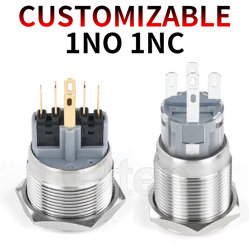 2NO2NC 16/19/22mm Waterproof Metal Push Button Switch LED Light Momentary Car Engine Power Switch 3/6/12/24/220V silver 1NO1NC