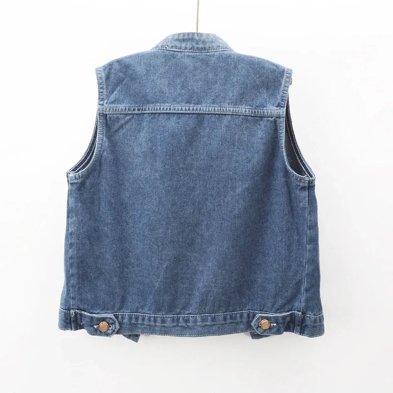 Primavera otoño Vintage azul Stand Collar bolsillo Denim chaleco mujer chaleco vaquero sin mangas chaqueta pantalones vaqueros cortos ajustados chaleco Mujer