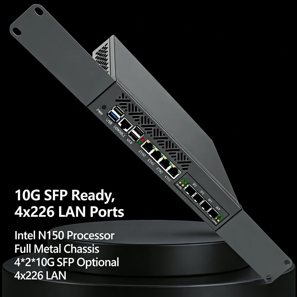 

Super Deal Barebone 1U 9,5-дюймовый стоечный брандмауэр Intel N150 CPU 4*/2*10G SFP 4xi226-V 2.5G Идеально подходит для малого бизнеса