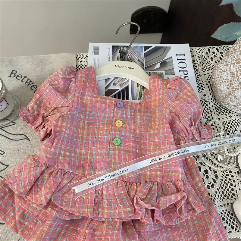 Baby Girl Set Summer New Cotton Plaid Bubble Sleeve Top And Shorts Two-Piece Set For Baby Girls Korean Version