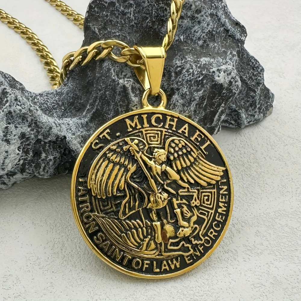GREPPN St Michael Archangel Pendant Necklace 316L Stainless Steel Patron Saint Of Law Enforcement Religious Amulet Jewelry