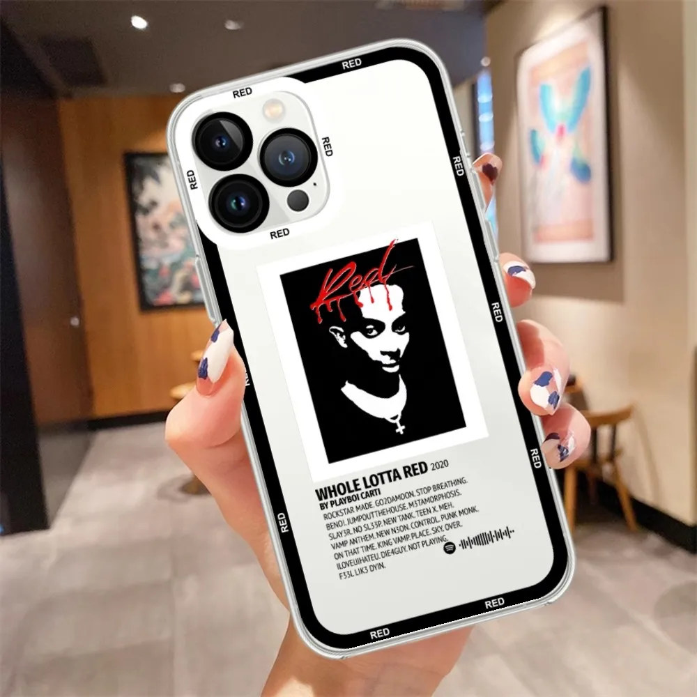 P-Playbois Carti Rapper Red Phone Case For iPhone 11 12 Mini 13 14 15 Pro Max Transparent Shell