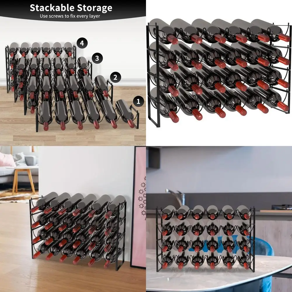 

Штабелируемая полка для темно-черного вина на 24 бутылки для шкафа или кладовой, дизайн 3-в-1, версия 3.0