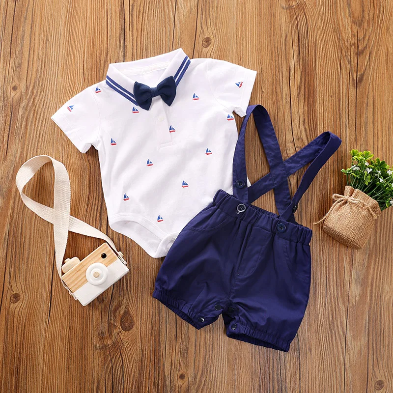 Summer fashion short sleeved baby clothing short sleeved set, pure cotton small sailboat strap pants two-piece set