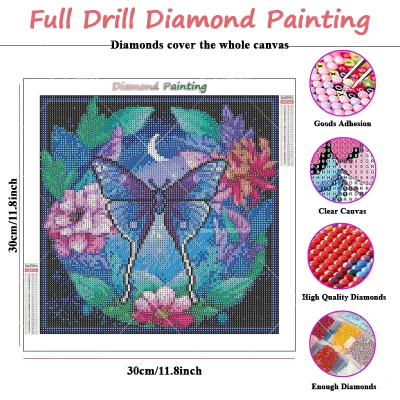 Diamond Art Painting Kits Full Clearance Butterfly With Moon Adult Diamond Painting Vibrant Flowers Night Sky Full Rhinestones